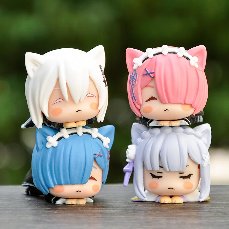 New 4pcs Re Life In A Different World From Zero Anime Action Figures Rem Ram Emilia Echidna 4 Models Cute Cat Lying Dolls