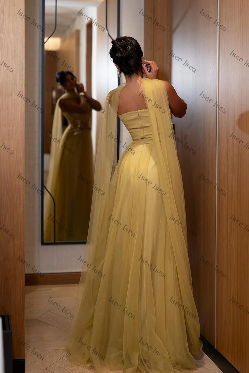 ชุดราตรีสีเหลือง 2025 ผ้าทูลล์วิบวับ ทรงเมอร์เมด ประดับคริสตัล สายเดี่ยว ชุดราตรีงานพรอม คอเหลี่ยม ชุดไปงานแต่งงาน สามารถสั่งตัดได้