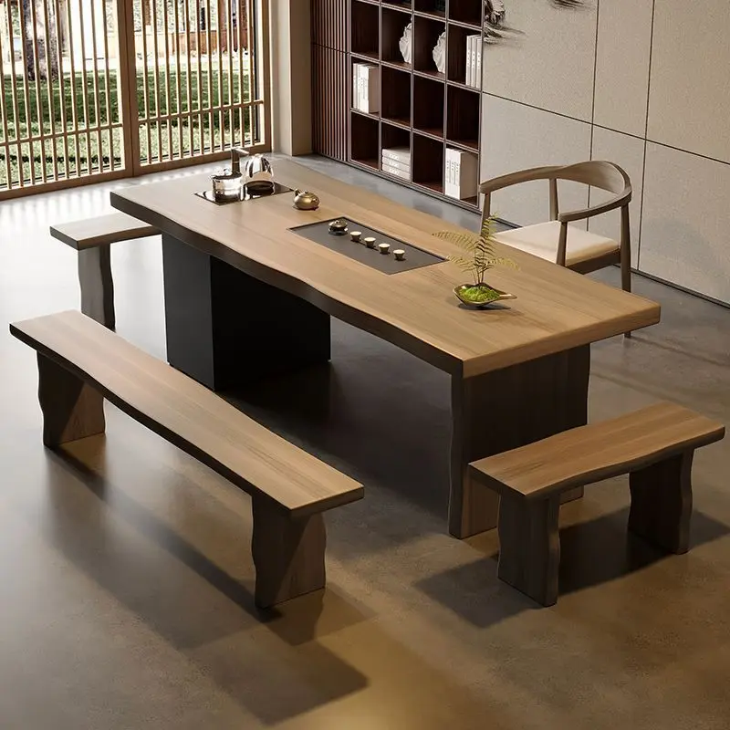 DSA simple solid wood large board table and chairs living room tea table embedded in integrated tea table balcony coffee