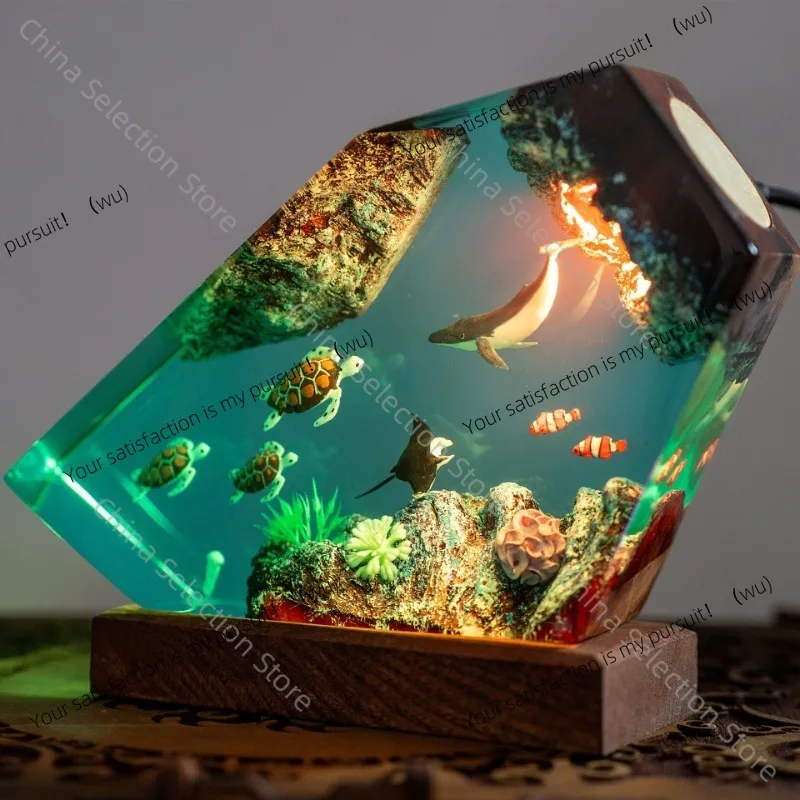 Whale turtle resin manta ray jellyfish solid wood handmade luminous gift decoration