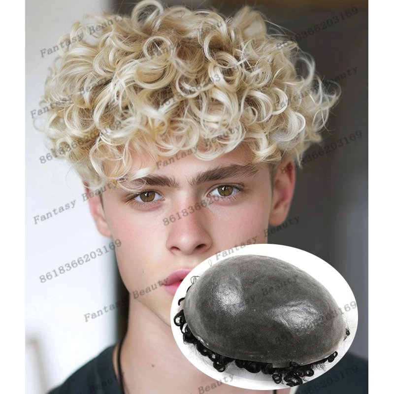 26mm Curly Human Hair Natural Hairline 0.06mm Full Vlopped Men Toupee Brown Blonde 60R Undetectable Hair Prosthesis Capillary