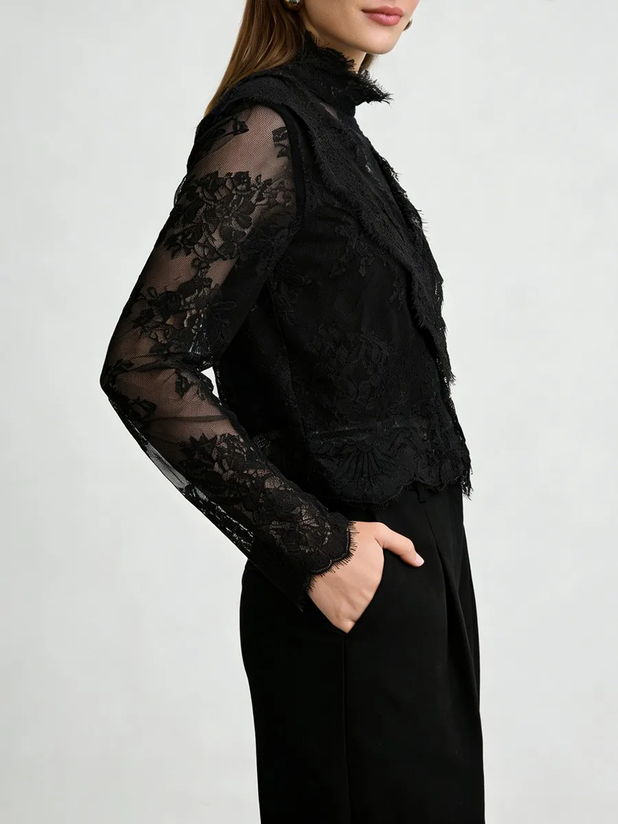 Twotwinstyle sólido emagrecimento sheer emendado rendas blusas sexy para mulheres gola mangas compridas retalhos babados blusa feminina