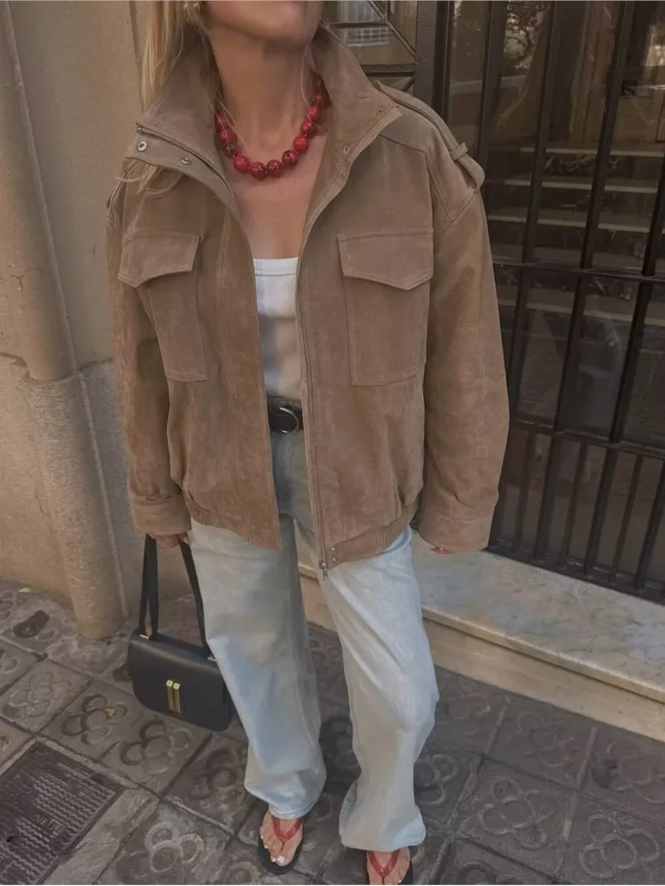 

NERHEFZ женские зимние куртки-бомберы винтажная замшевая куртка с толстыми карманами уличная одежда для отдыха с карманами на молнии новые куртки большого размера