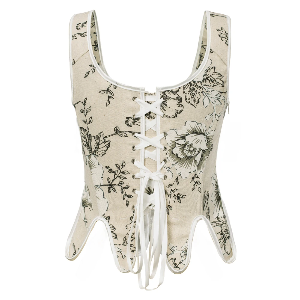 SD Women Vest Vintage Renaissance Floral Printed Elegant Lace-Up Corset Square Neck Irregular Hem Body Shape Slim Corset Top