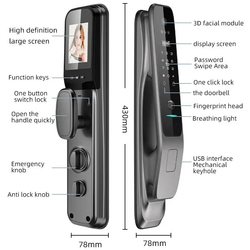 TUYA  3D Facial Recognition Fingerprint Smart Door Lock Wifi APP Remote Control Home Electronic Password Door Lock
