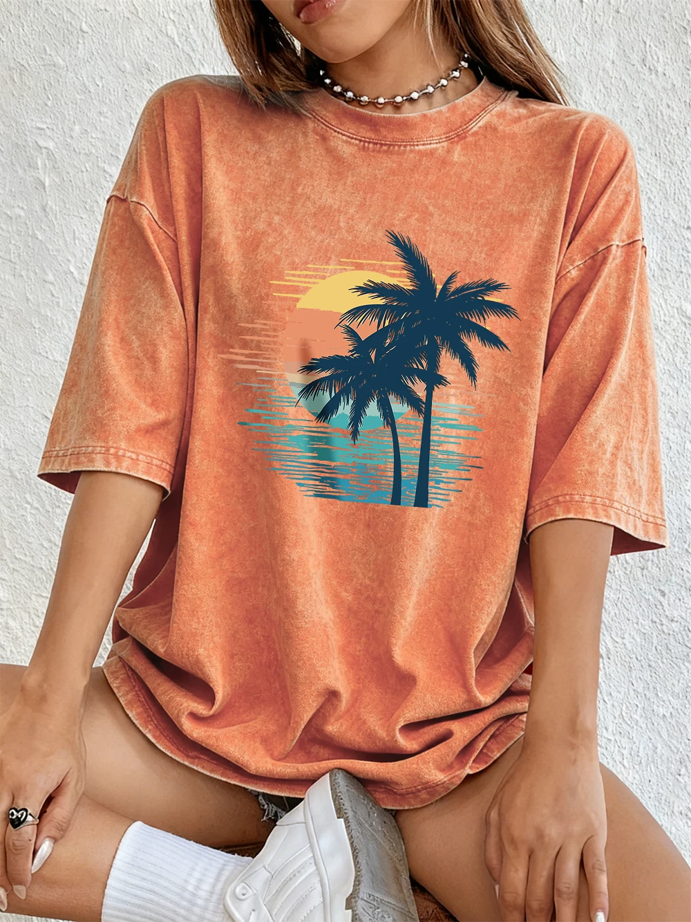 Sonnenuntergang Kokospalmen-Szene Baumwoll-Washed-T-Shirts für Damen – Sommerliche Basic Oversized Oberteile, bequem, weich, Distressed, O-Neck Streetwear – Detail 11