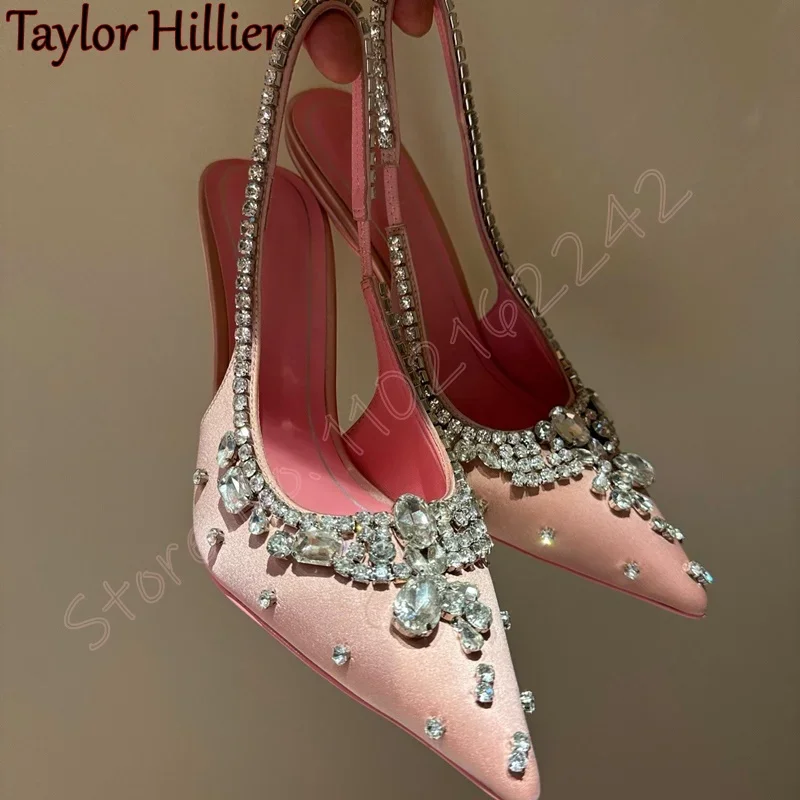 

Spring New Pink Rhinestone Pumps Women'S Elegant Satin Stiletto High Heels Fashion Back Strap Luxury Dress Evening Pumps Sandals