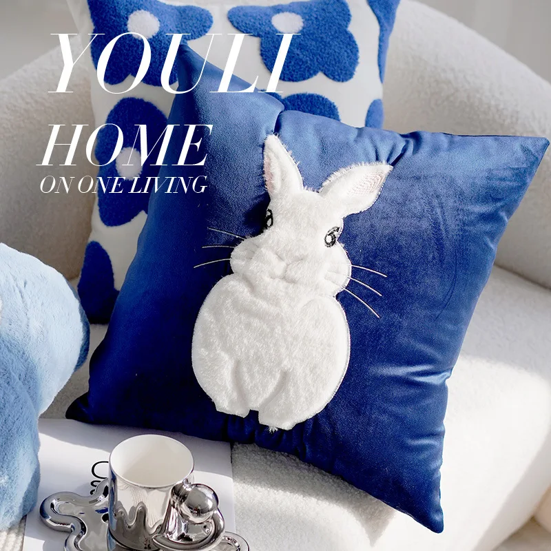 Nordic Cute Blue Ins Wind Cushion Modern Plush Flower Animal Rabbit Sofa Living Room Bedside Pillow Cover