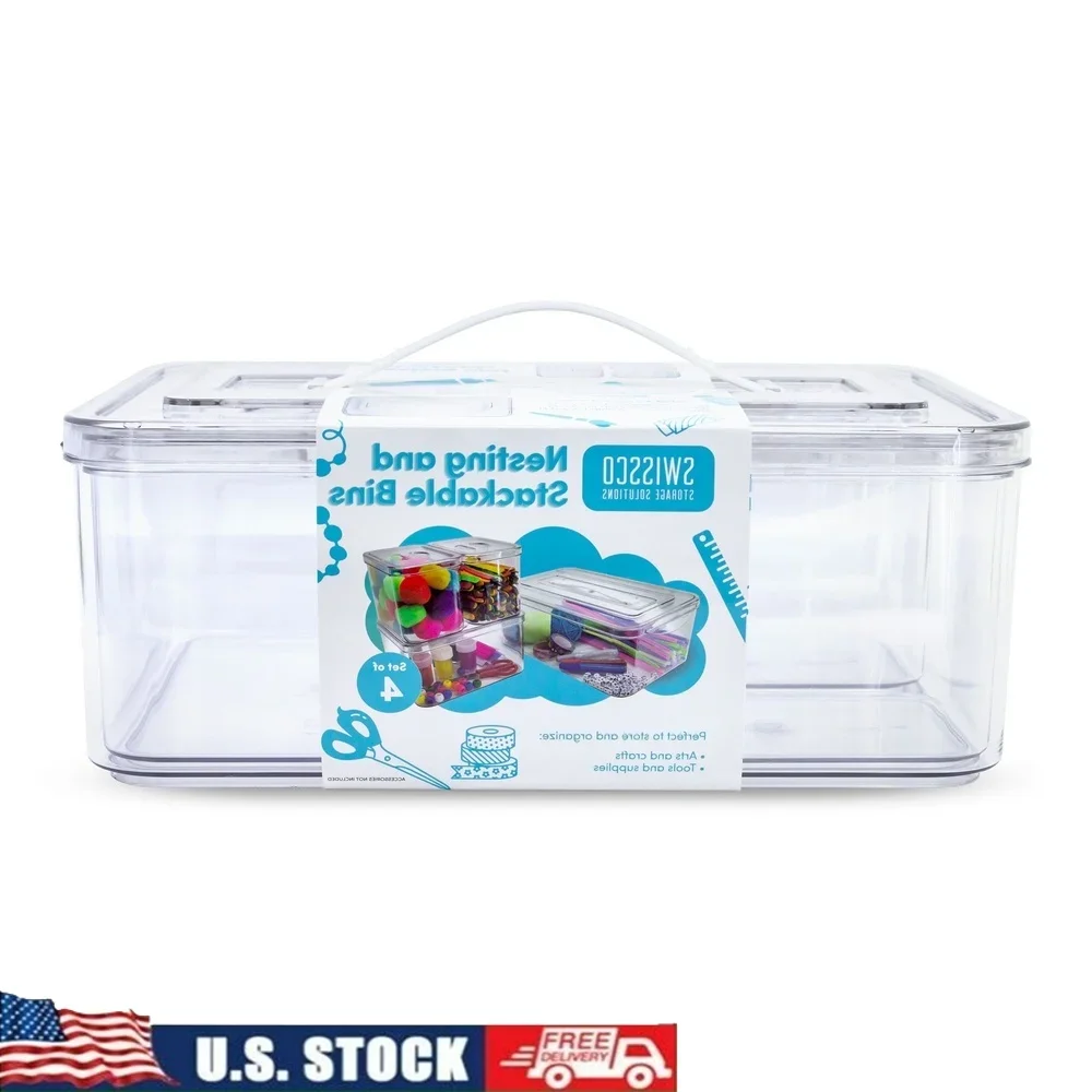 

Stackable Plastic Storage Bins Set 4 Piece Nesting Organizers Craft Supplies Jewelry Makeup Office Home Organization