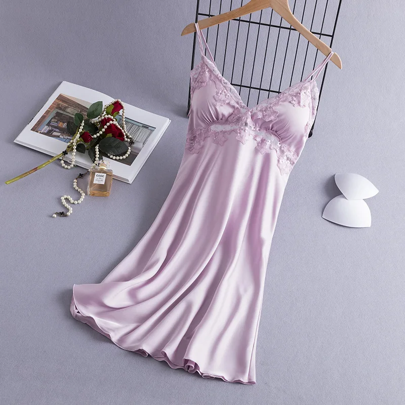

Sexy Spaghetti Strap Women's Nightdress Bride Lingerie Sleepshirts Summer Lace Trim Rayon Nightgown M-XL Loose Home Dressing