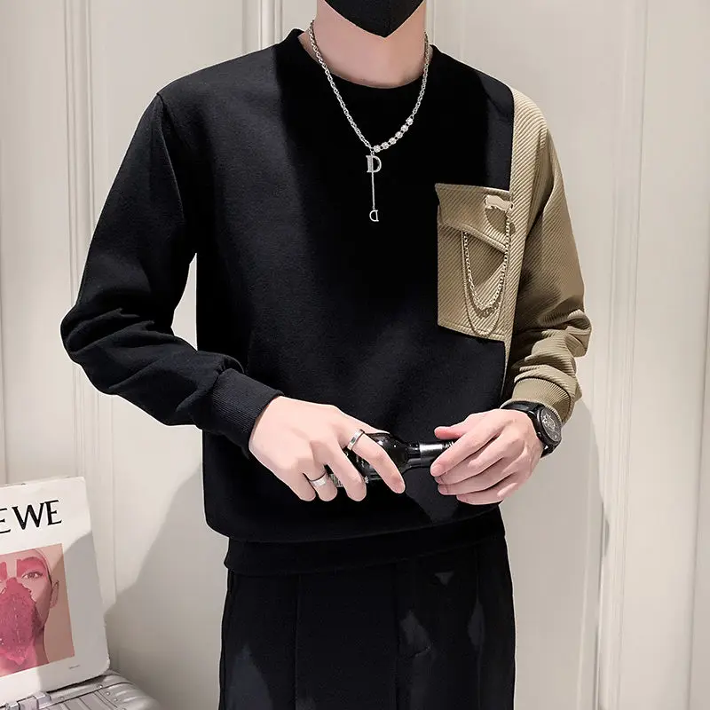 Stylish O-Neck Spliced Pockets Asymmetrical T-Shirt Men Clothing 2023 Spring New Oversized Casual Pullovers All-match Tee Shirt