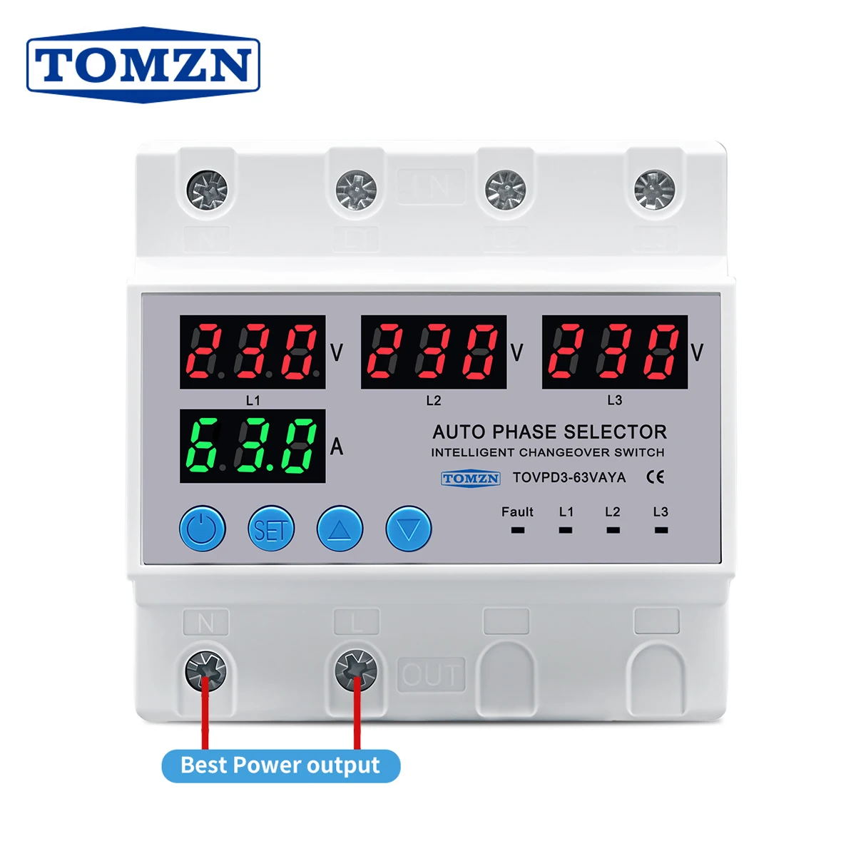 63A TOMZN 3 Phase 3P+N DIN Rail Phase Selector Adjustable Over And Under Voltage Current Protection Monitor Relays Protector