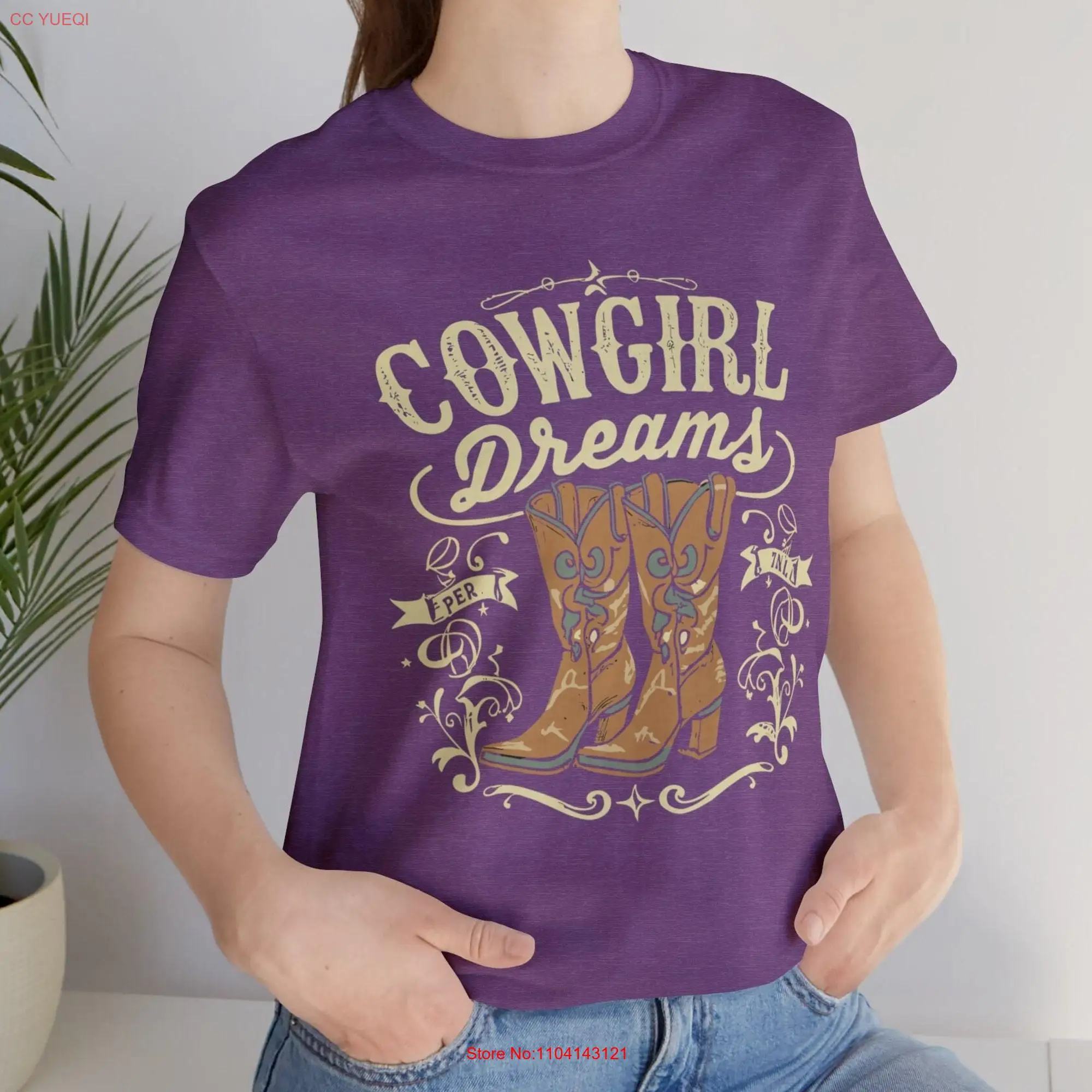 Cowgirl Dreams Heather Cotton T Shirt Western Vibes Jersey Rustic Boot Print Sustainable US Fabric long or short sleeves