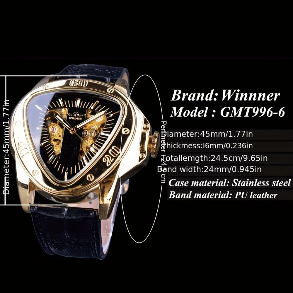 WINNER Steampunk Fashion Men\'s Automatic Mechanical Watches Triangle Golden Skeleton Movement Genuine Leather Racing Wristwatch