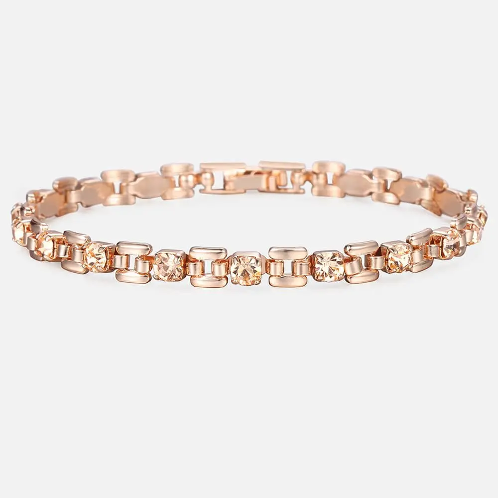 5.5mm 585 Rose Gold Color Bracelet For Womens Girls Square Bismark Gold Tone Cubic Zirconia Stone Link Bracelet  GB433