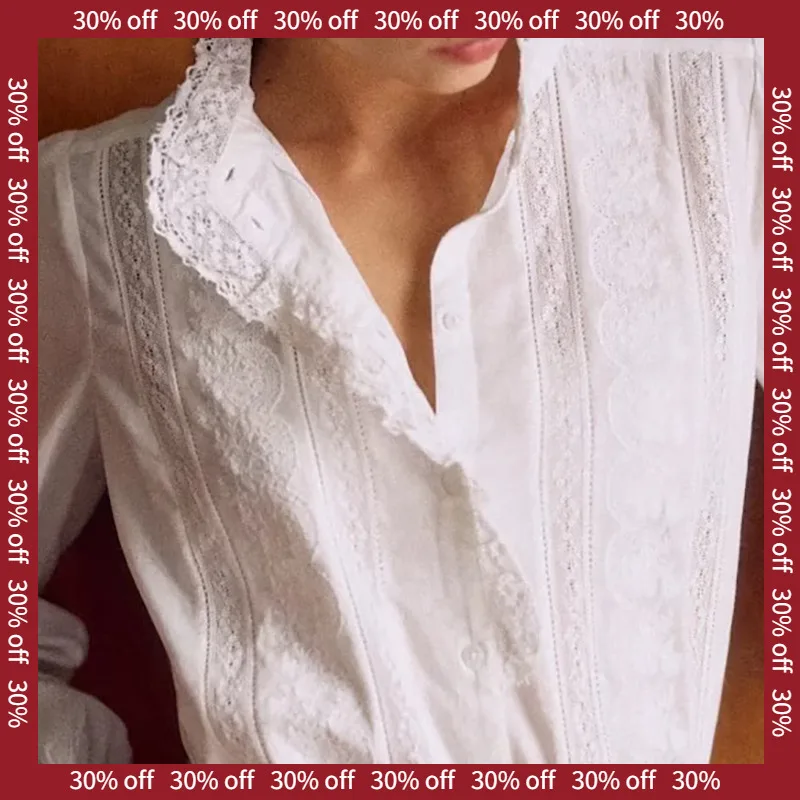 Lente 2025, lange Sve geborduurde kanten kraag irt dames Busin casual katoenen rechte snit top Heidd woon-werkverkeer Sle