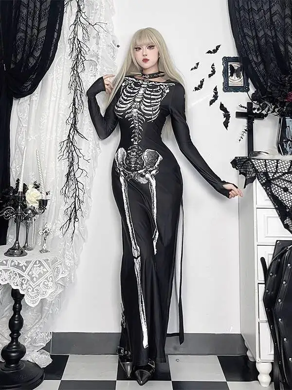 

Halloween Cosplay Costume Skull Performance Outfit Printed Dress Gothic Black Long Dress Quirky Long Dress