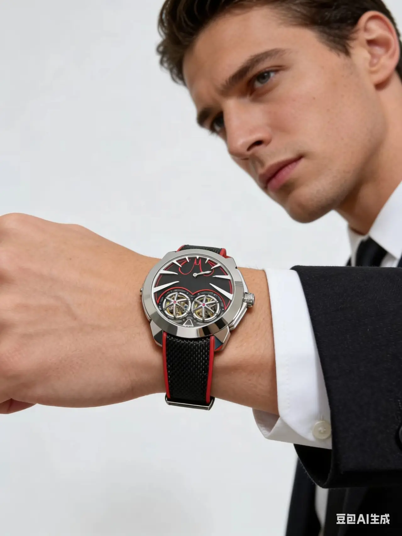 Image of Herren-Automatikuhr mit doppeltem Balancierrad-Design, sportlich und modisch. Gummiband aus Edelstahl