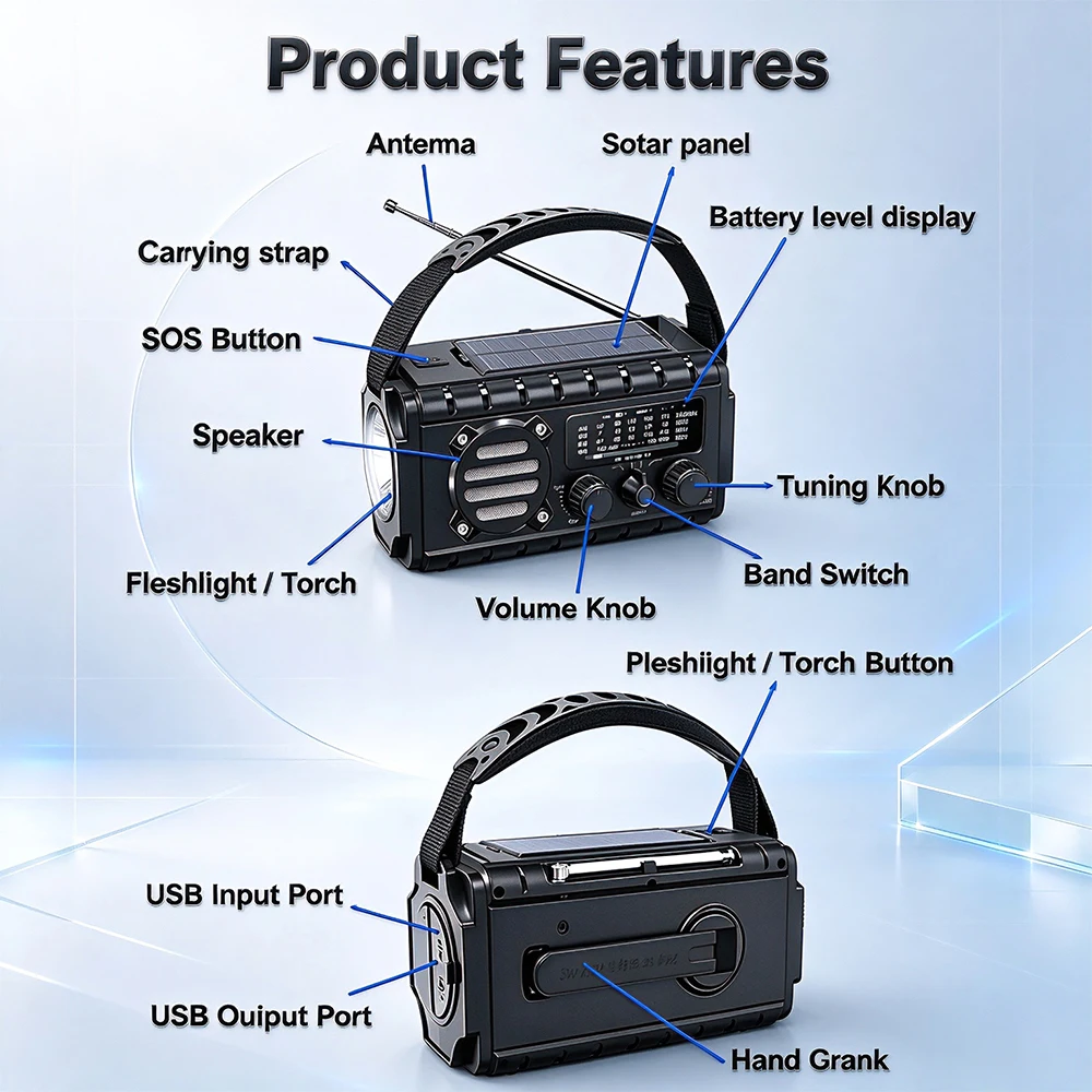 20000mAh Power Bank Hand Crank Solar Emergency Radio with AM FM NOAA Weather Alert Flashlight Camping Lantern Reading Light