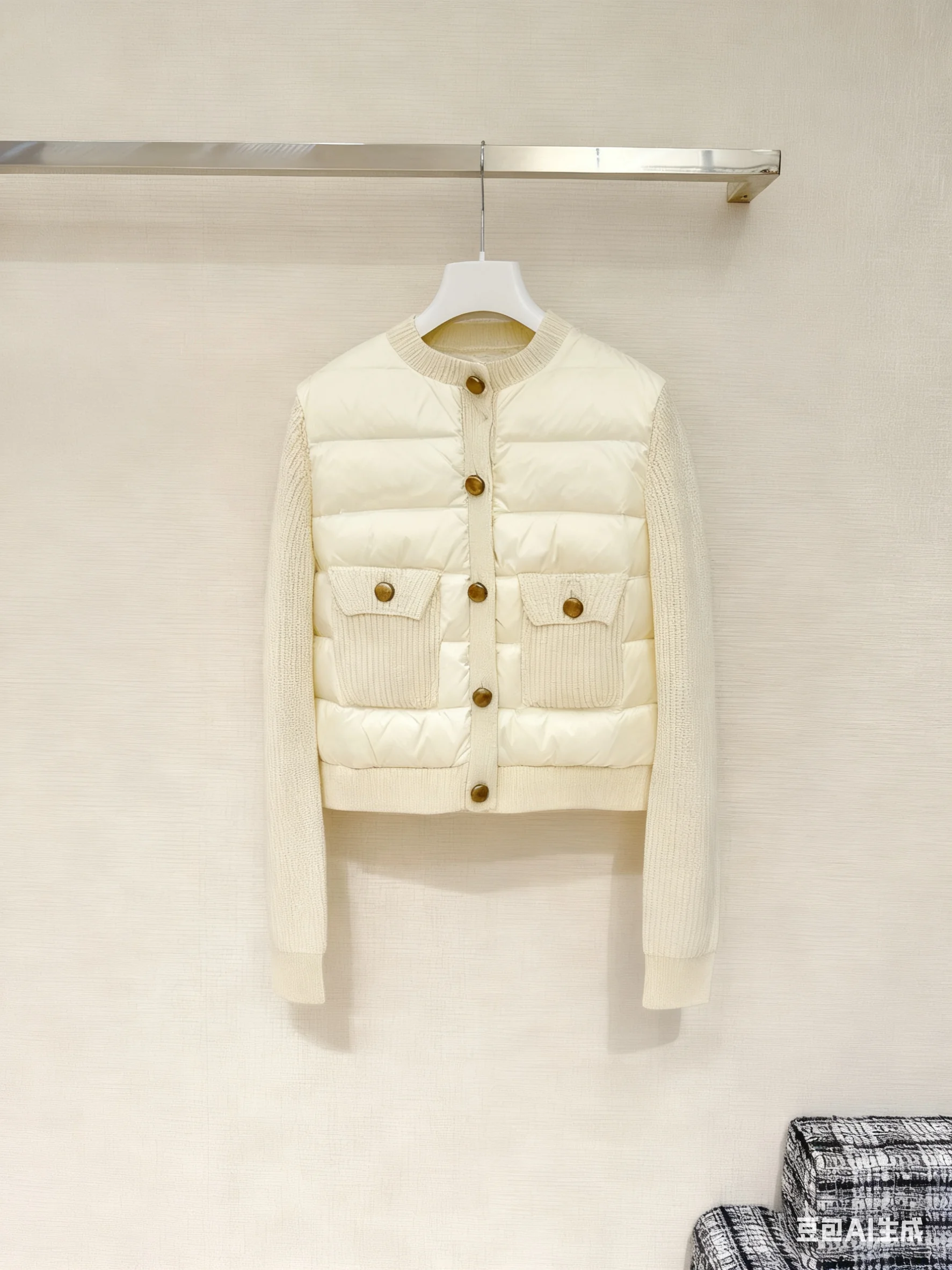 

2025 Winter New Women's Cream Knit Sleeve Puffer Jacket Round Neck Short Warm Coat Casual Button Closure Outerwear