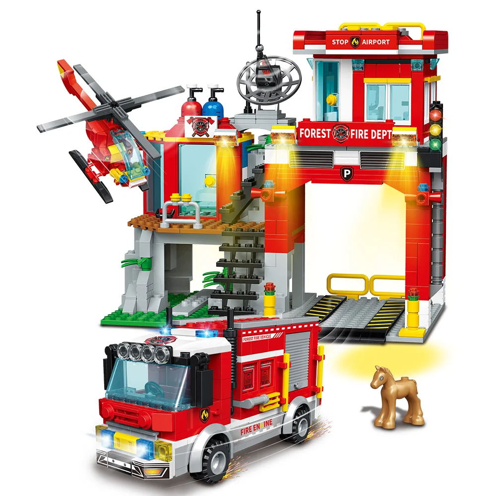 City Fire Station Building Blocks Set，Forest Fire Protection，Including Fire Station,Firefighting Car, Fire Rescue Helicopter