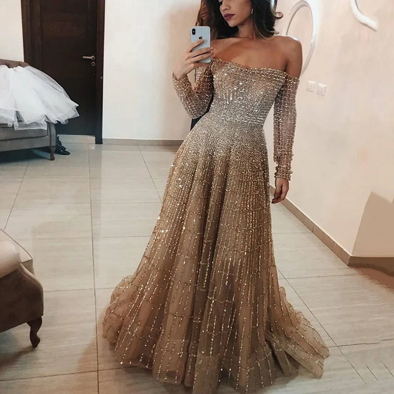 

Elegant Party Dresses Women Shiny Sequins Off Shoulder High Waist Pleat Solid Gowns Dress 2026 Fashion Long Sleeve Evening Dress