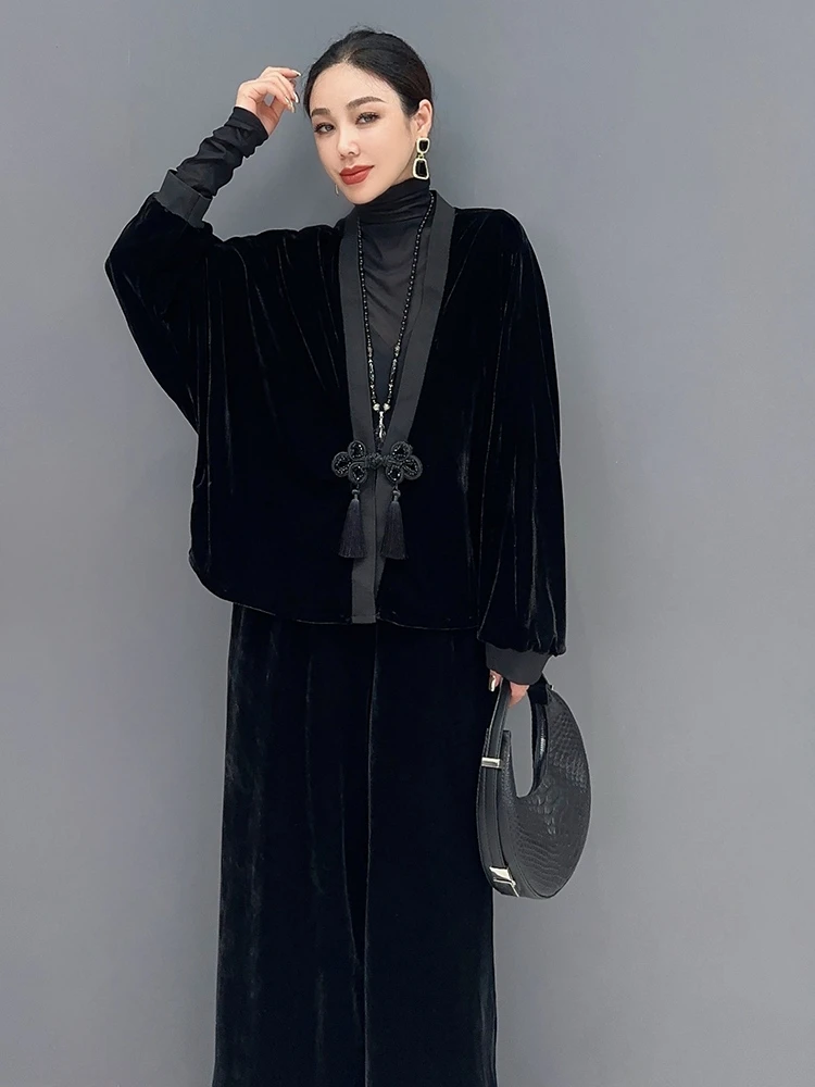 Vefadisa 2024 Autumn New Black Canary Women matching sets V-neck Long Sleeve Disc Button Coat Casual Pants Two-piece Set ZXY797A