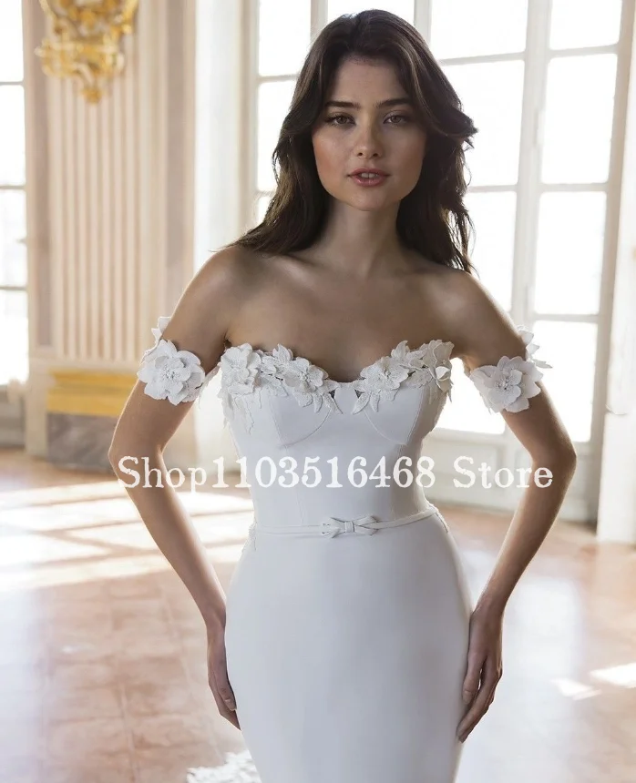 One Shoulder Mermaid Wedding Dress 2024 White Luxury Floral Applique Satin Bridal Gown Vestidos De Fiesta Elegantes 2024