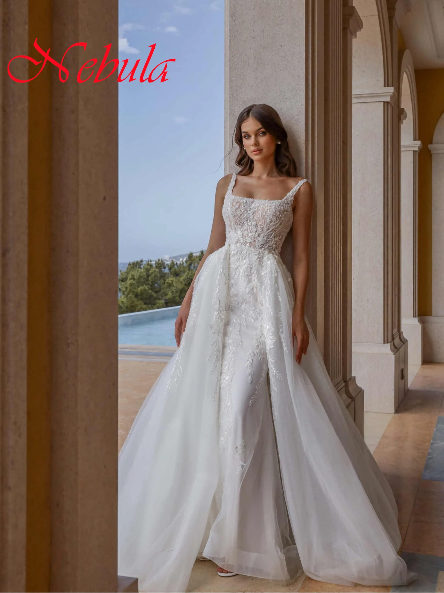 

Customized White Spaghetti Straps Lace Wedding Dress Square Collar Mermaid High Quality Lace Up Back Bridal Party Luxury