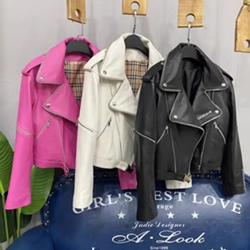 Autumn Winter Biker Coat Turndown Collar Loose Streetwear Women's Genuine Leather Jackets Motorcycle Female Outerwear