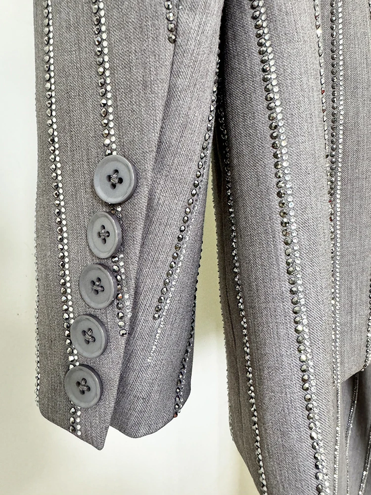 Women Pants Two Piece Sets Women Gray Rhinestone Single Button Blazer + Sparkle Striped Diamonds Pants Suits Evening Party Club