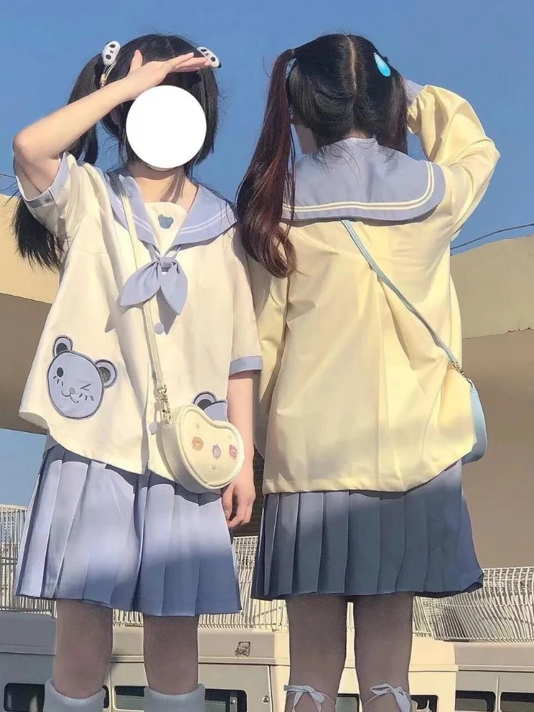 KOSAHIKI Japanese School Uniform Suit Sailor JK Cartoon Bear Navy Blouse Skirts Sets Women Kawaii Summer 2 Piece Outfit
