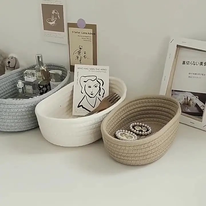 

Cotton Rope Woven Storage Baskets Hand-woven Organize Boxs Desktop Sundries Organize Basket Sundries Key Cosmetics Storage