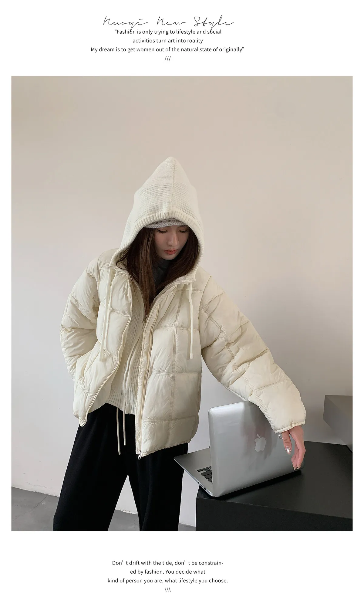 Korean Knit Hood Patchwork Short Puffer Jacket Women Loose Lightweight Warm Padded Parkas Women Solid Color Zipper Winter Jacket