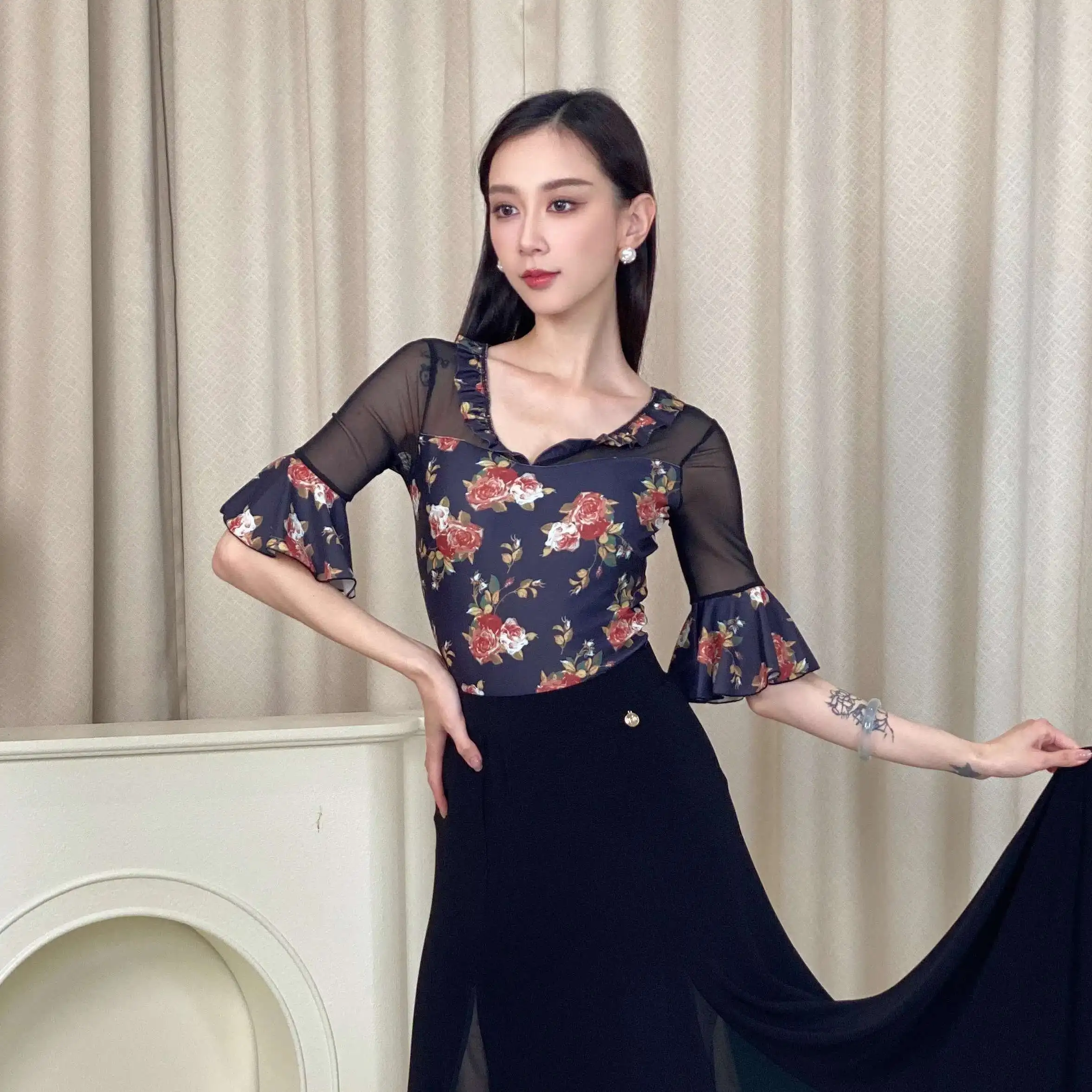 Fall Winter New Ballroom Dance Practice Costume Women's Duo Dancer Bodysuit Adult Rumba Samba Tango Latin Dance Clothing XH1486