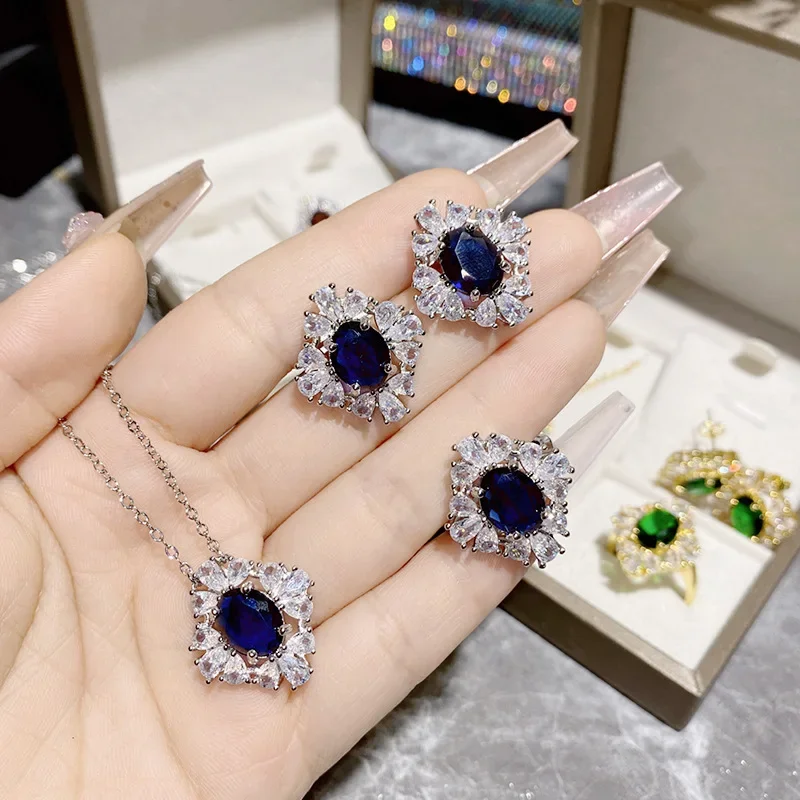 

MDL Moissanite style and the United States retro full of diamonds imitation sapphire earrings pendant ring colored jewelry set