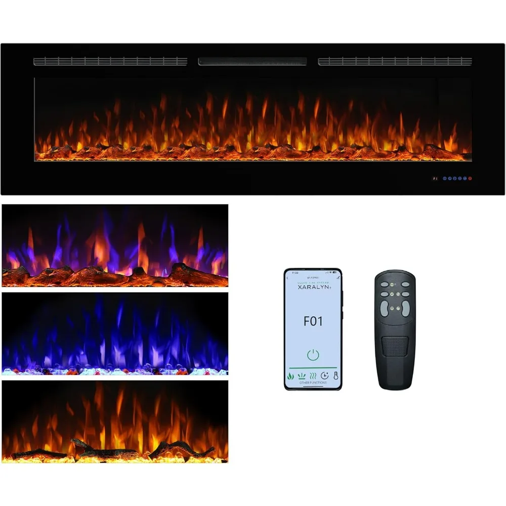 Electric Fireplace 72inches, Wall-Mounted & Recessed Fireplace Inserts, Multicolor Flame w/5 Dimmer, Remote Control Thermostat