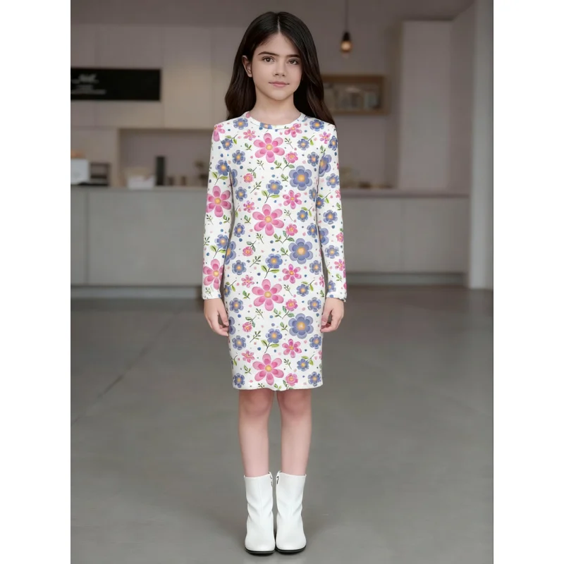 

2025 Spring and Summer Girls Floral Print Half-length Dress, Little Fairy Wear, Sweet Princess Style Dress