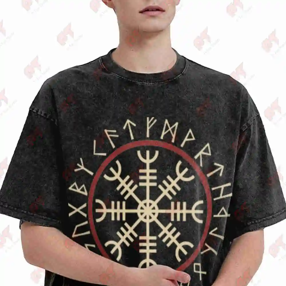Schildmaiden Helm Of Awe Nordische Runen Wikinger Symbolik Vintage Washed Tee Pure Cotton T-Shirt