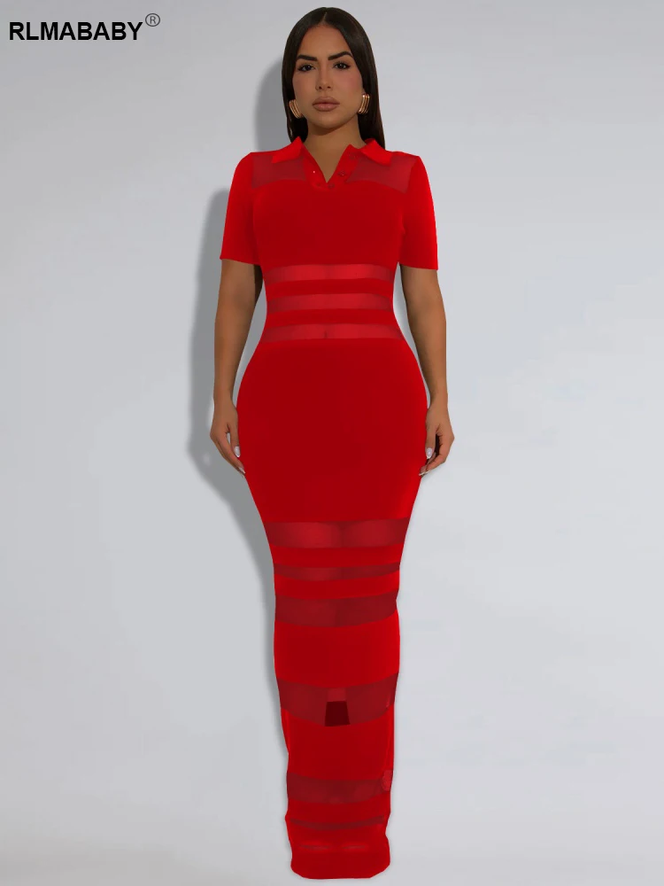 RLMABABY Sexy Sheer Mesh Gespleißt Frauen Lange, Figurbetontes Kleid Umlegekragen Kurzarm Taste Patchwork Casual Mantel Maxikleid