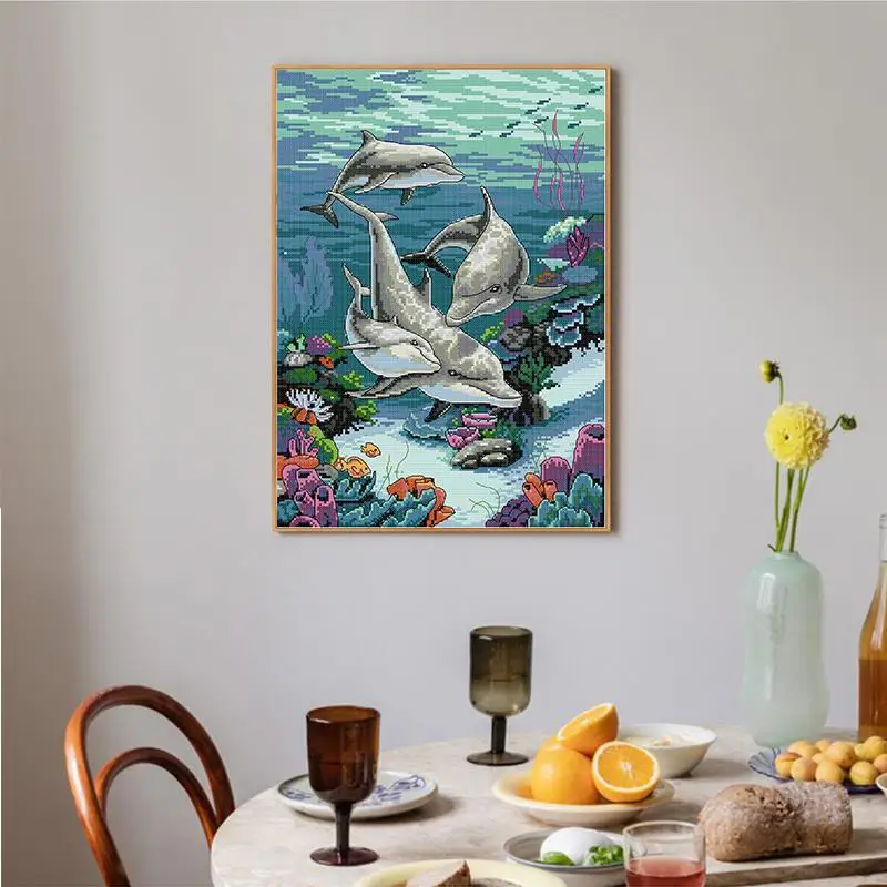 Dolphin Marine Animal Patterns Cross Stitch Kits 14CT White 16CT 11CT Printed Fabric DMC Embroidery Thread Set Home Decor Crafts