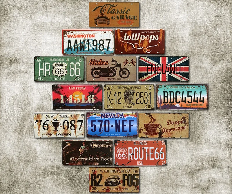 Vintage Decor Retro Car License Metal Plate Garage Cafe Bar Pub Car Number Metal Signs Motor Oil Decorative Tin Sign