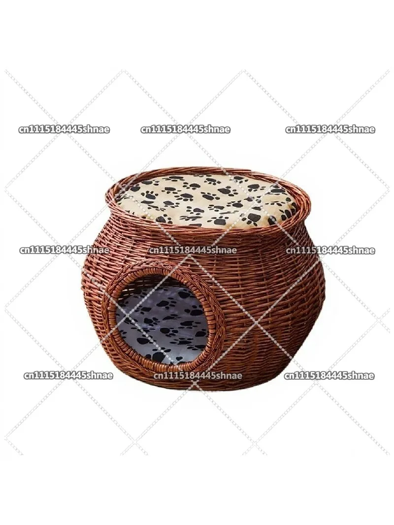 Manual Rattan Cat House Natural Wicker Weaving Durable Green Pet Nest with Thick Mat Eco-Friendly Shelter for Big Cats