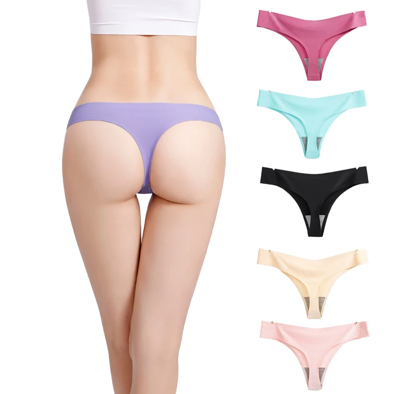 

Solid color sexy panties erotic underwear lingerie ladies ice silk seamless low waist panties thong G-string plus size for women