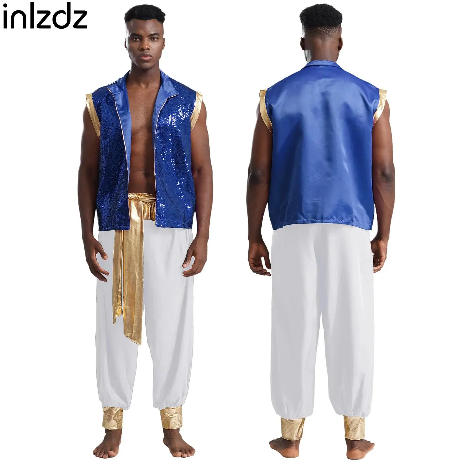 

Arabian Costume Men Arabian Prince Cosplay Dress Up Sequin Open Front Vest Pants Suit for Halloween Theme Party Carnival Stage