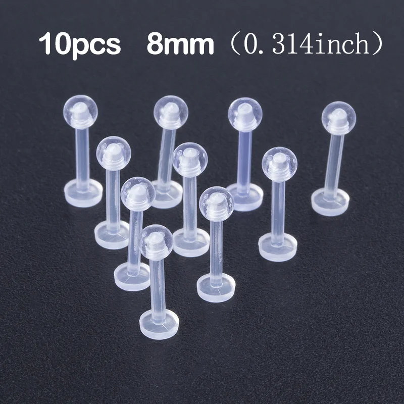 10pcs Clear Acrylic Lip Stud Piercing Labret Rings, 16G