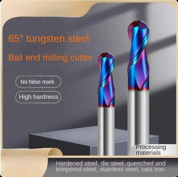 65° tungsten steel ball nose end milling cutter with hard alloy 2-blade R3 R4 R5 R6 blue nano coating