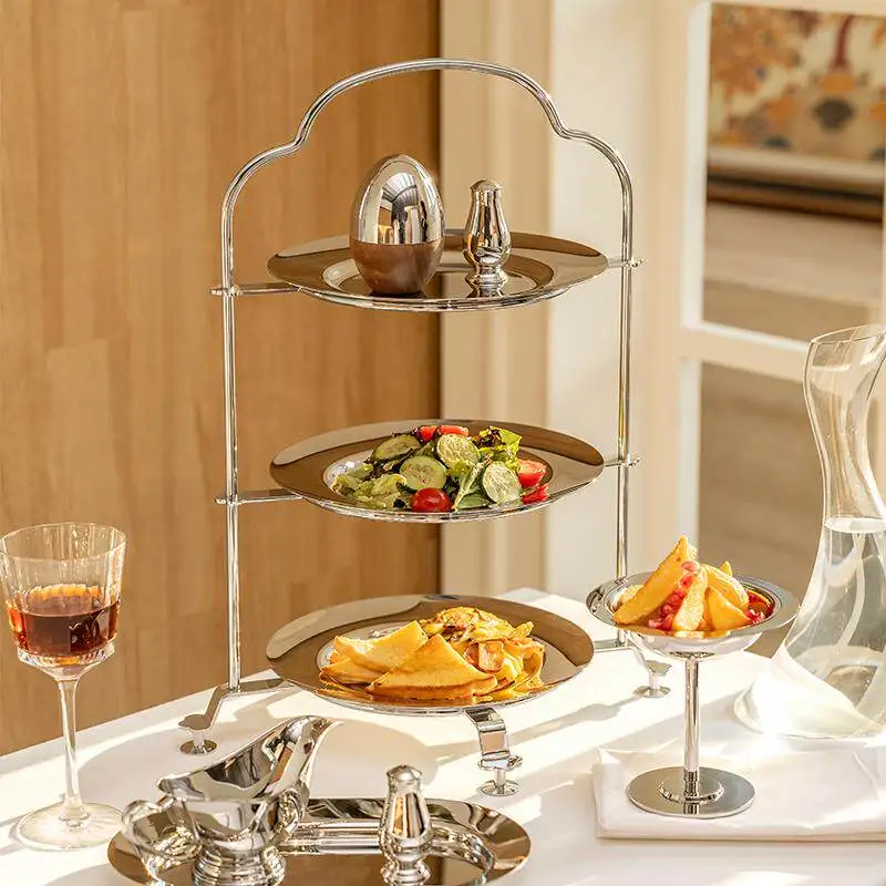 steel three-layer dessert shelf light luxury afternoon tea snack plate fruit plate model room soft decoration ornament