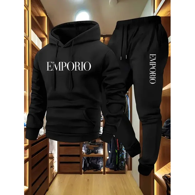 2025 Men's Olive Green Casual Cargo Sweatshirt Jogger Set EMPORIO Print Drawstring Hood Pullover Top Multi-Pocket