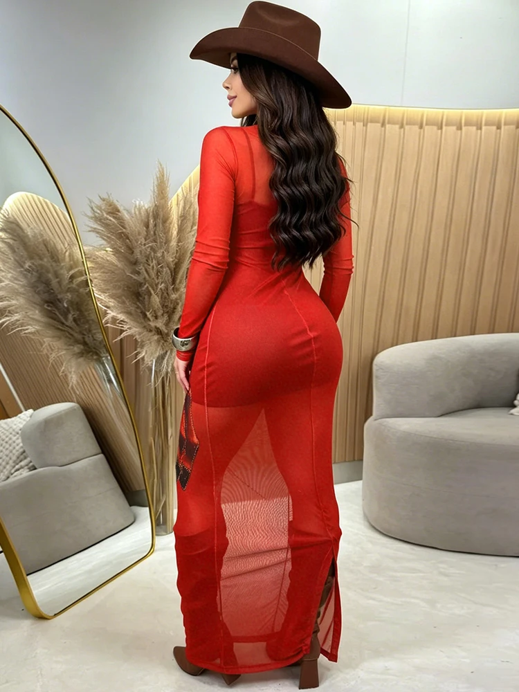 RLMABABY Sexy See Through Diamond Mesh Dress Set Red O Neck Long Sleeve Print Horse Transparent Women Long Bodycon Dress Suit
